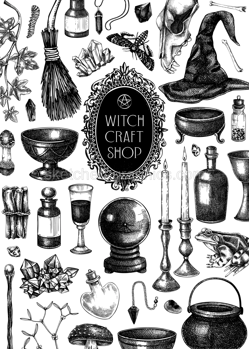 Boho witch party invitation design. Bohemian witchcraft flyer, poster, frame. Vinatge Halloween sketches. Hand-drawn vector illustration. NOT AI generated Illustration